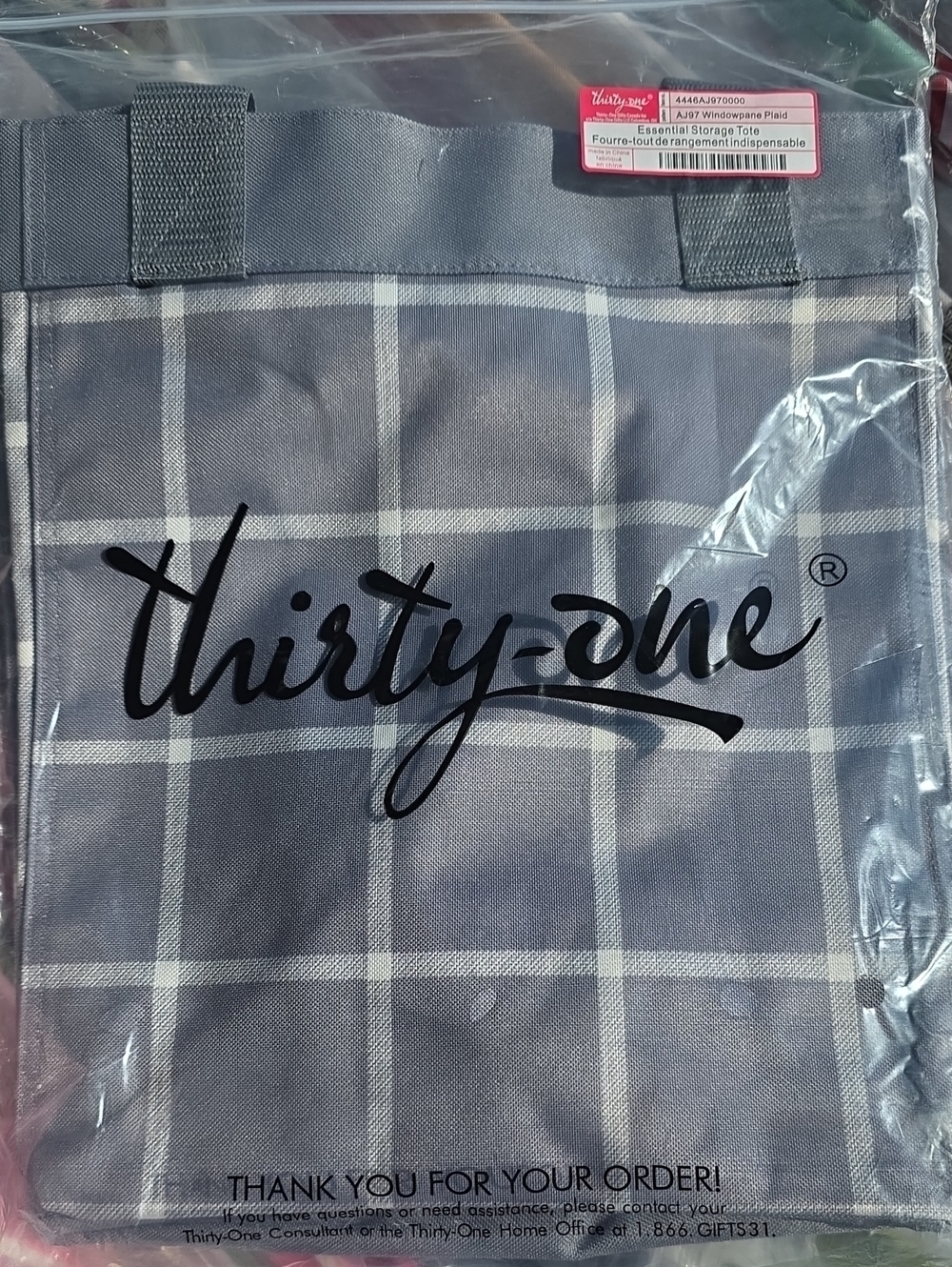 NEW Thirty-one Essential Storage Tote in windowpane plaid